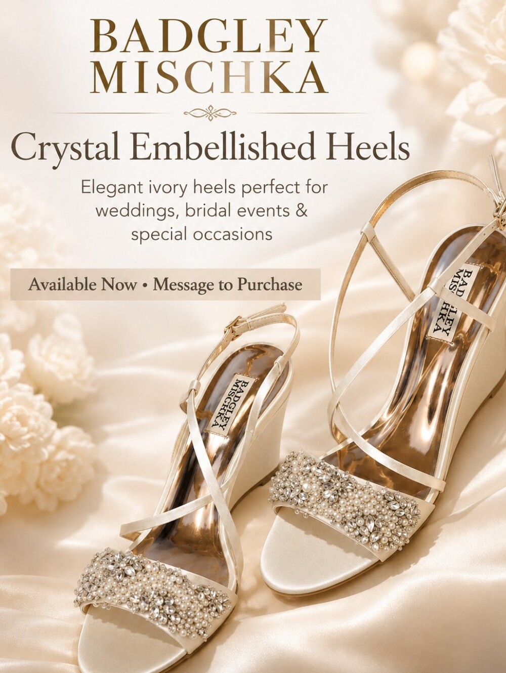 Badgley Mischka LIKE NEW  Ivory Rhinestone Pearl Embellished Strappy Wedge Heels